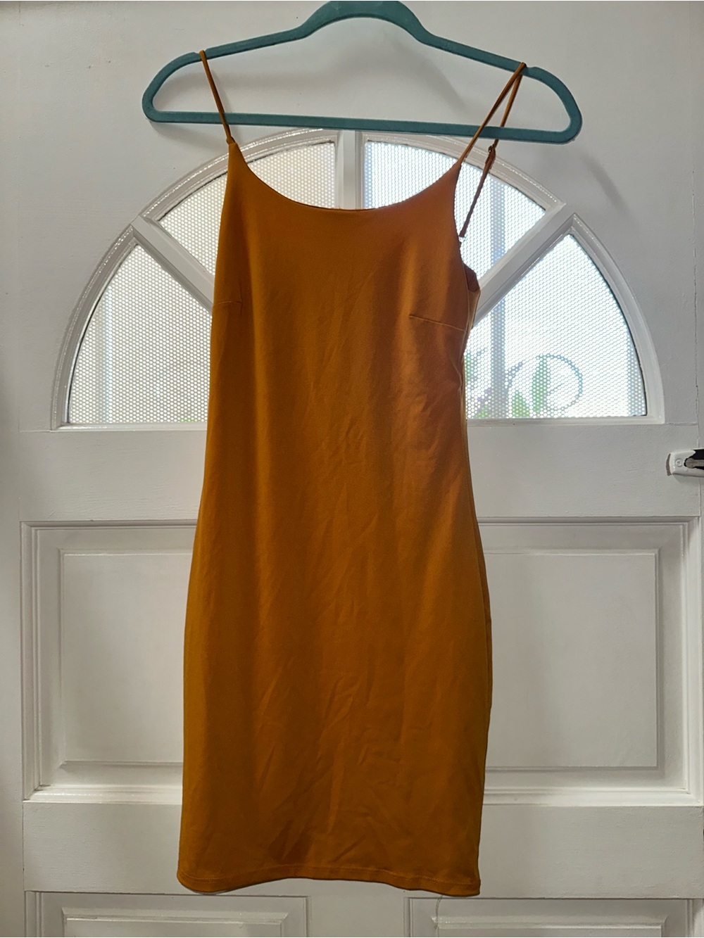 Sleek Mustard Slip Dress with Spaghetti Straps